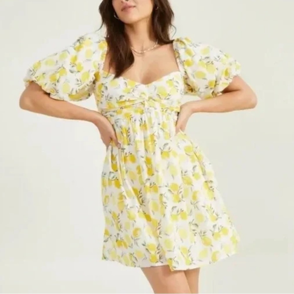 NWT Trixxi Lemon Print Sweetheart Neck Puff Sleeve Babydoll Dress